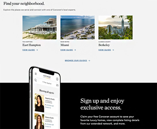 Corcoran home page sections "find your neighborhood" and "sign up and enjoy exclusive access."