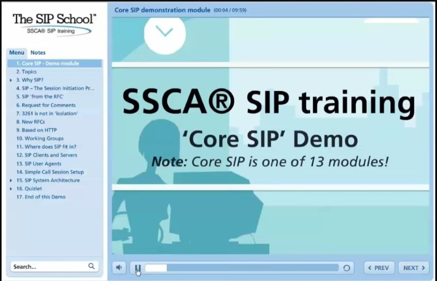 Screenshot of the SSCA SIP Training demonstration module detailing course topics.