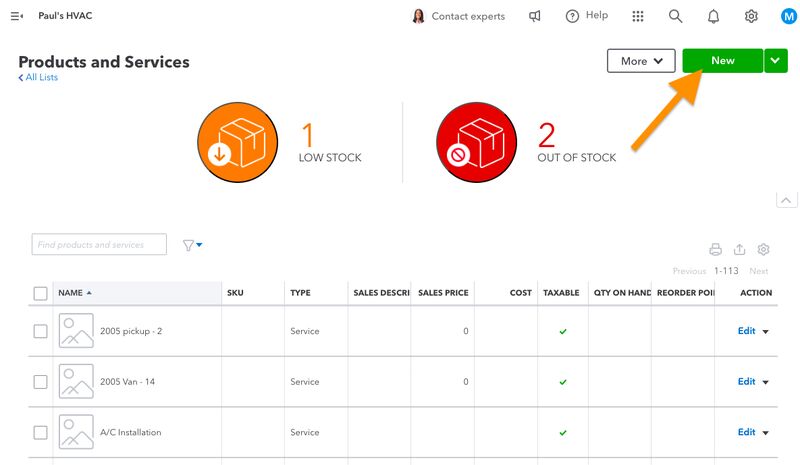 Products & services page in QuickBooks Online highlighting the New button