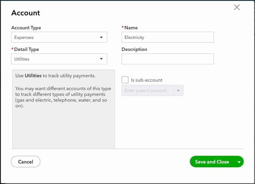 Screen where you can add a new expense account in QuickBooks Online.