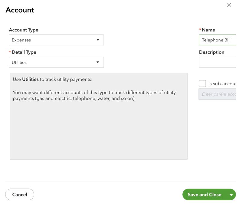 Screen where you can create a new expense account in QuickBooks Online.