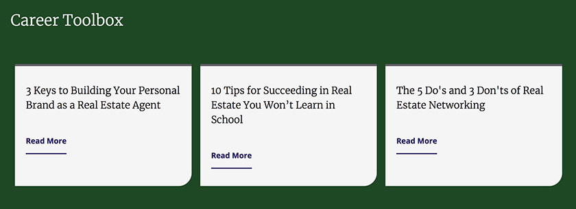 Dark green box with three real estate article tiles in white