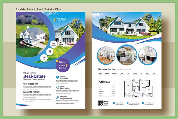  Double-sided brochure with room for photos, a floor plan, and text.