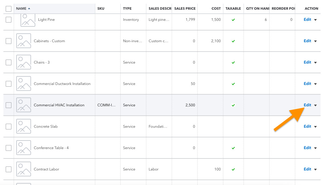 Screen showing where you can edit an existing product or service item in QuickBooks Online