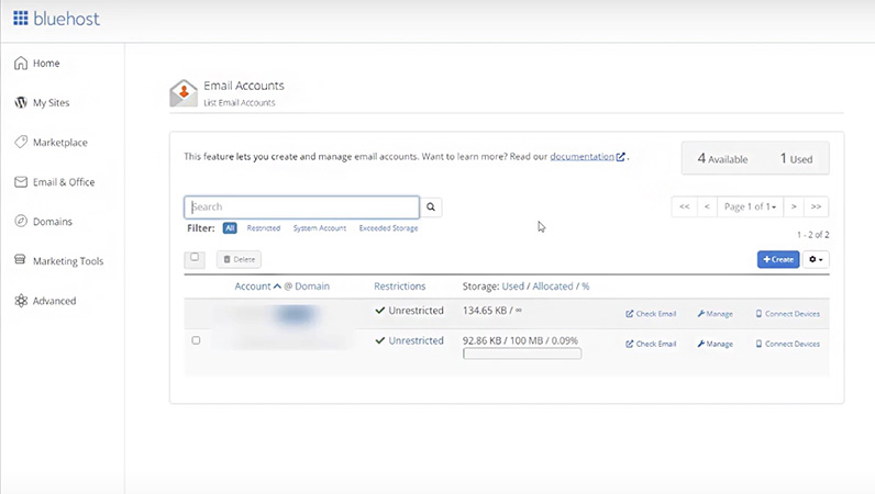 Bluehost email account manager for business email
