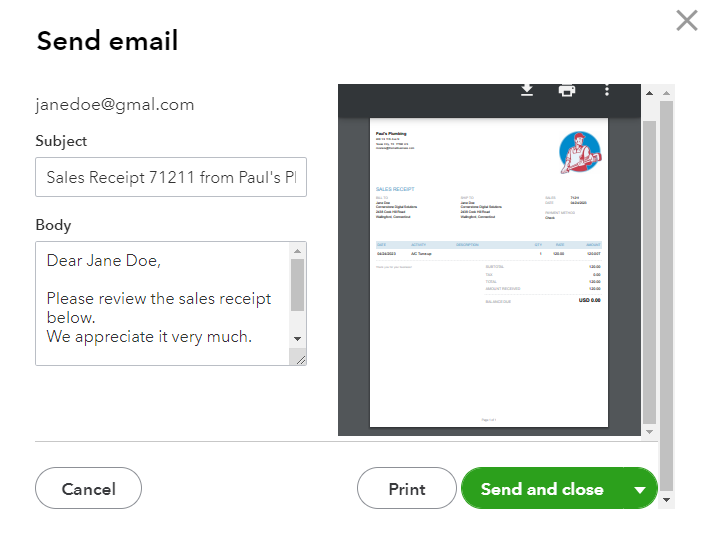 Preview of the sales receipt and text that will appear in your sales receipt email