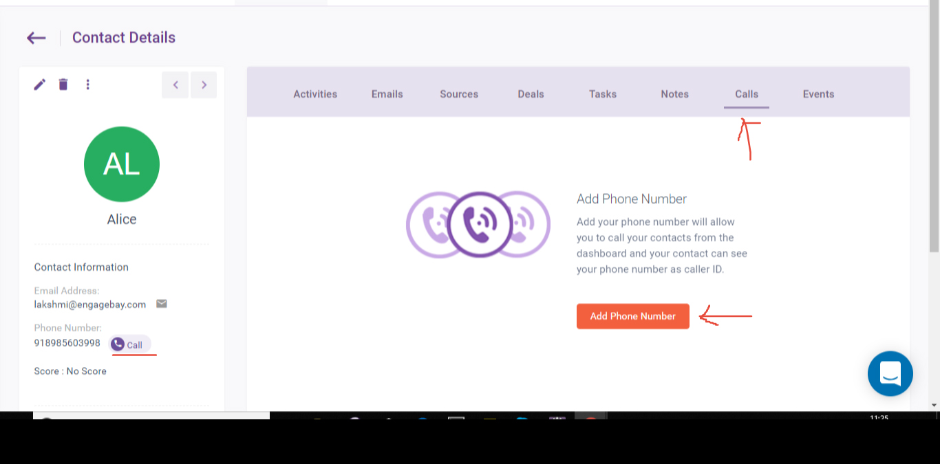 EngageBay contact page caller feature.