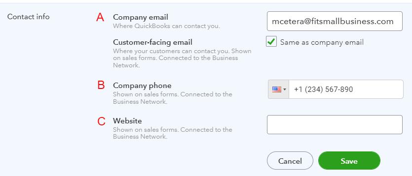 Screen where you can update your contact information in QuickBooks Online