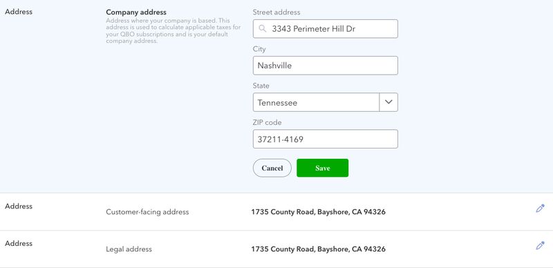 Screen where you can update company address in QuickBooks Online