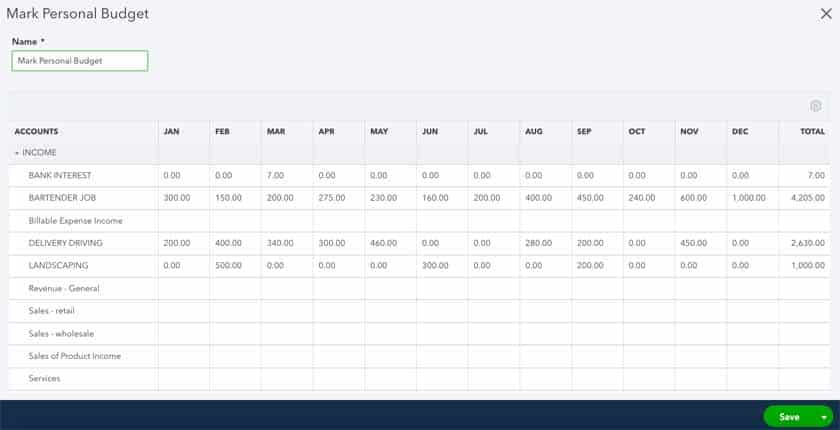 Screen where you can enter predicted amounts for each period to create a new budget in QuickBooks Online.