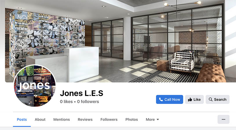 Facebook business page with a apartment lobby in cover photo and action button to call in blue