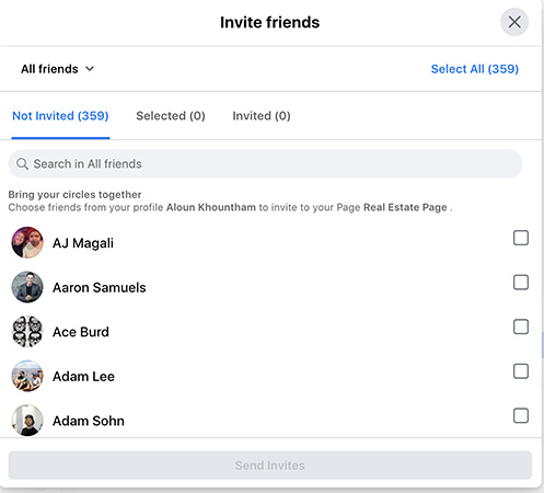 Selection drop down of Facebook friends to invite to like business page