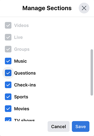 Drop down of sections for Facebook page that can be activated or removed