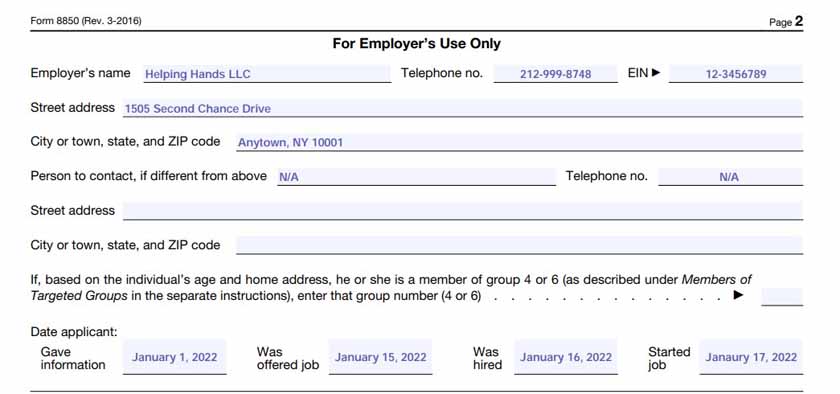 An example of Page 2 of Form 8850 filled in by an employer.