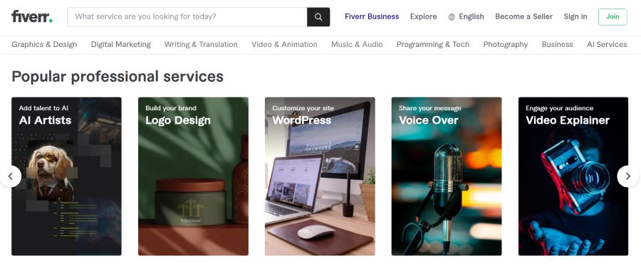 A list of popular professional freelance services on Fiverr.