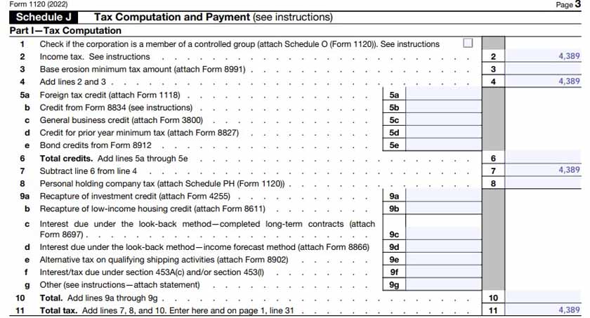 IRS Form 1120 Schedule J Parts I and II filled with sample data.