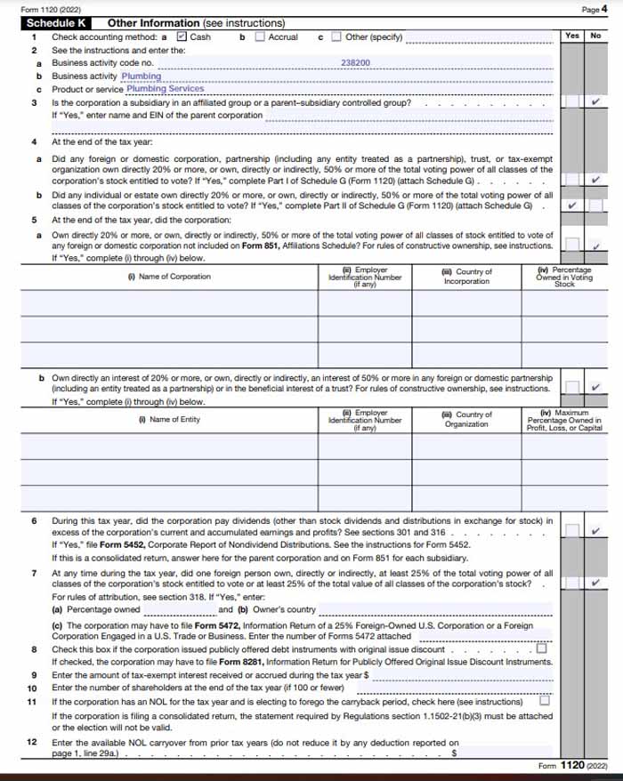 Page 4 of IRS Form 1120’s Schedule K, Other Information section, filled with sample data.