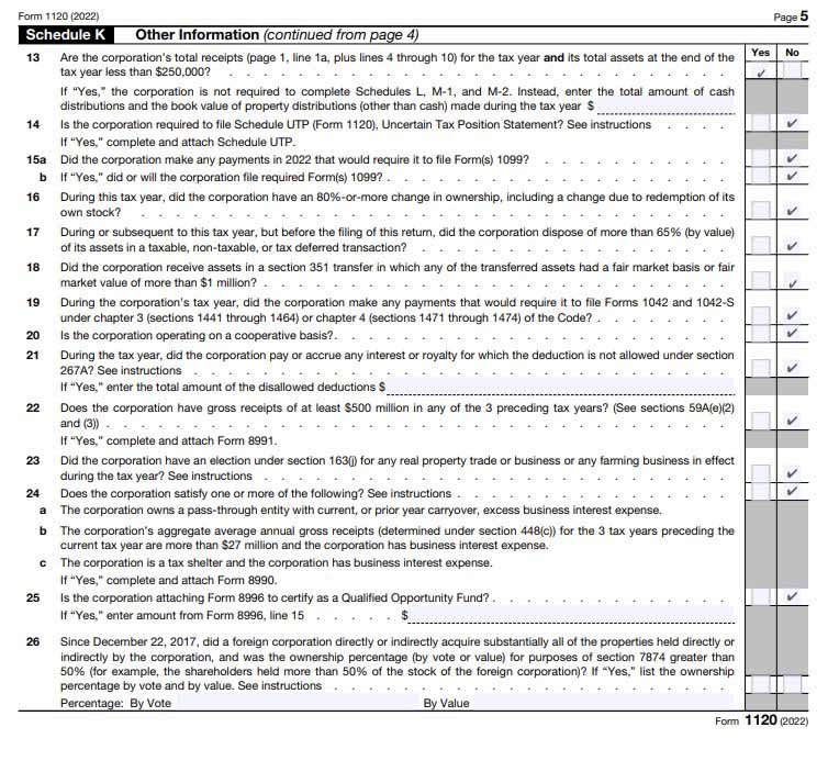 An example showing Page 5 of IRS Form 1120’s Schedule K, Other Information section.