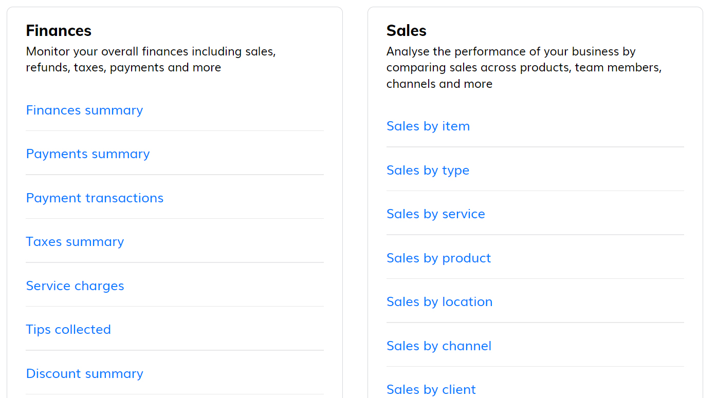Fresha reports page with categories for sales and finances data.