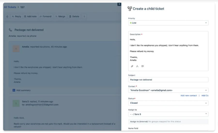 An example of Freshdesk's collaborative ticketing feature, which allows users to create sub-tickets.