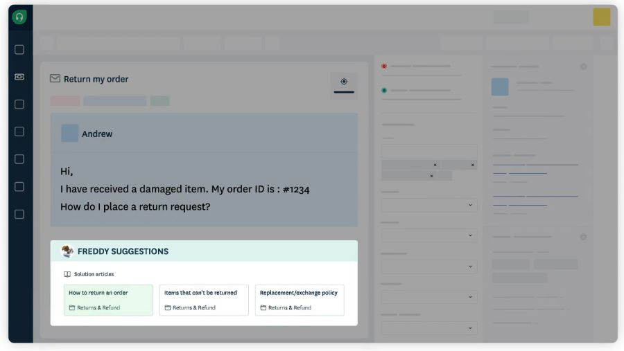 An example of how Freshdesk's Freddy AI gives smart suggestions for ticket resolution.