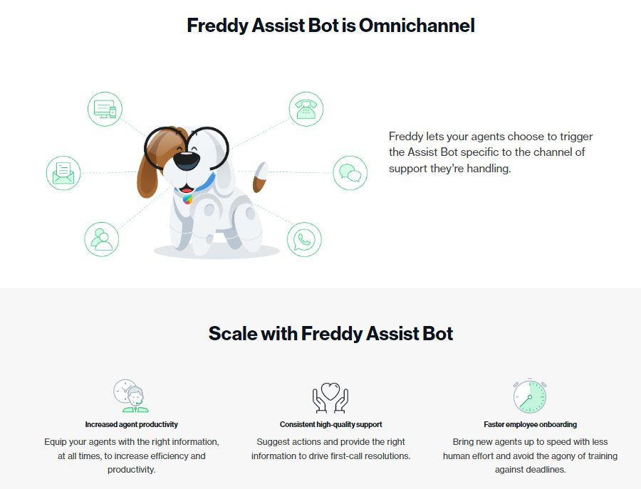 A dog representing Freshdesk's smart assistant Freddy AI, with several benefits of using this smart assistant.