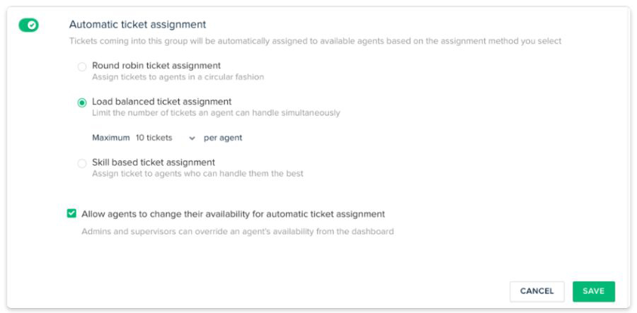 Examples of Freshdesk's automatic ticket assignment.