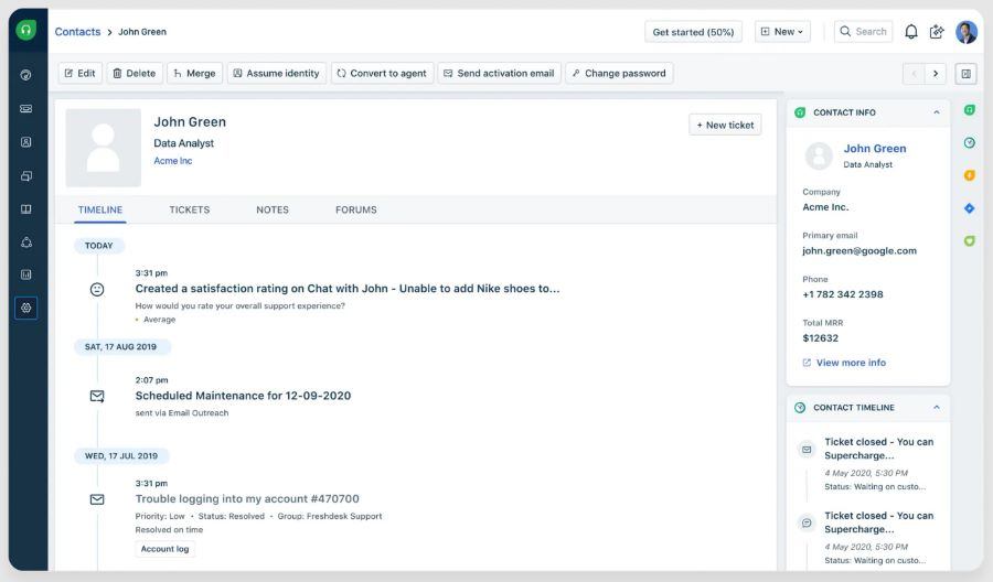 An example of a contact profile with activity timeline in Freshdesk.