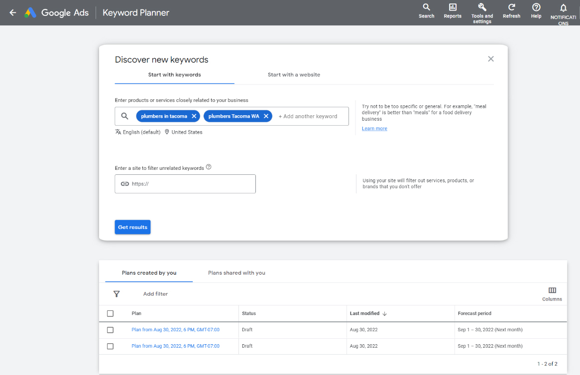 Homepage of Google Keyword Planner for Google Ads.