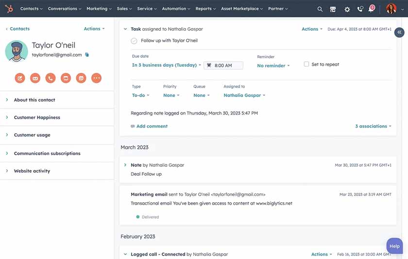 Viewing a contact data record in HubSpot.