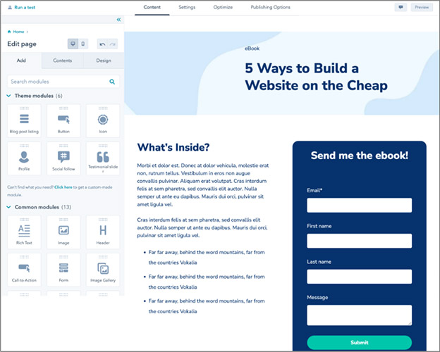 HubSpot drag and drop landing page builder