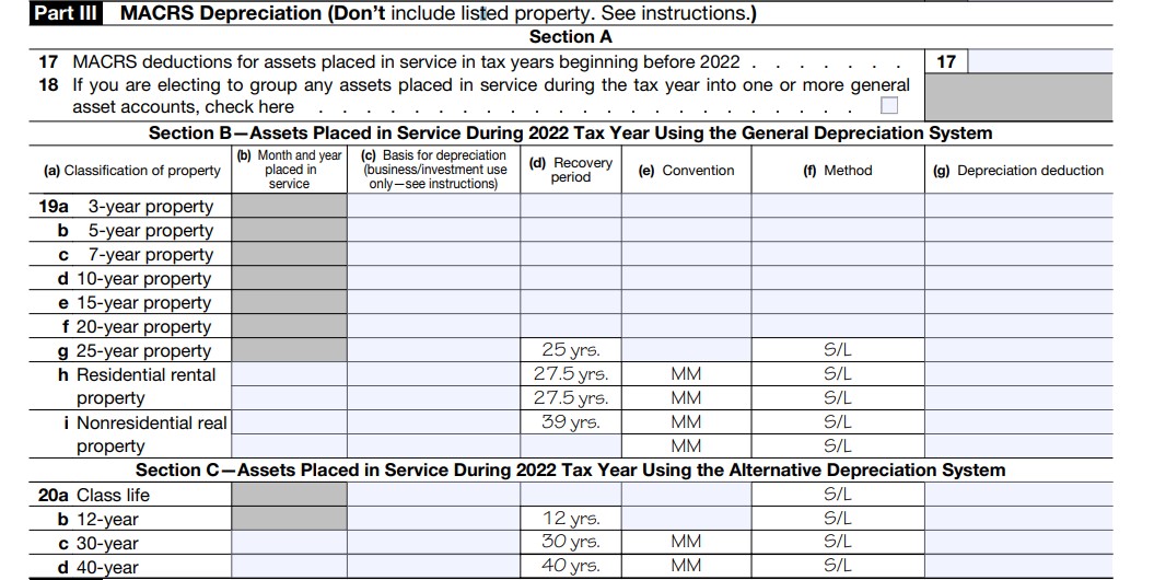 IRS Form 4562 Part III filled with sample data