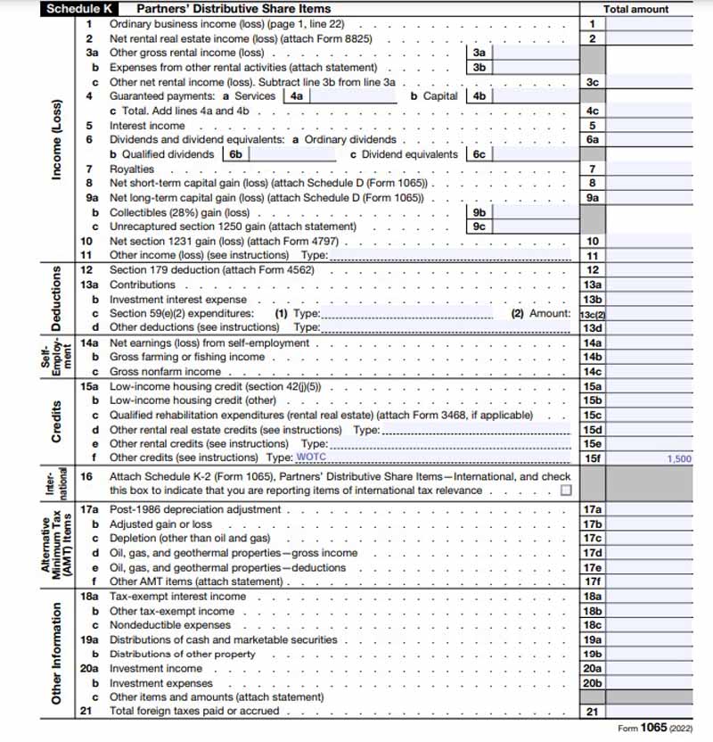 An example of IRS Form1065 Schedule K.