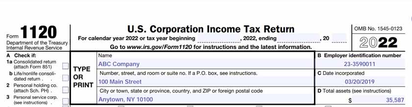 Form 1120's general information section completed with sample data.