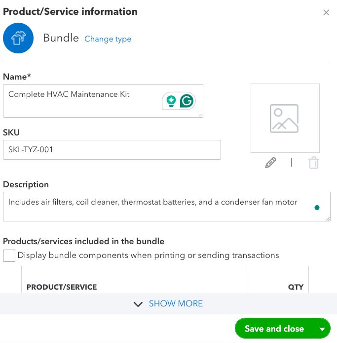 Quickbooks Online's Bundle Item Information snapshot. 