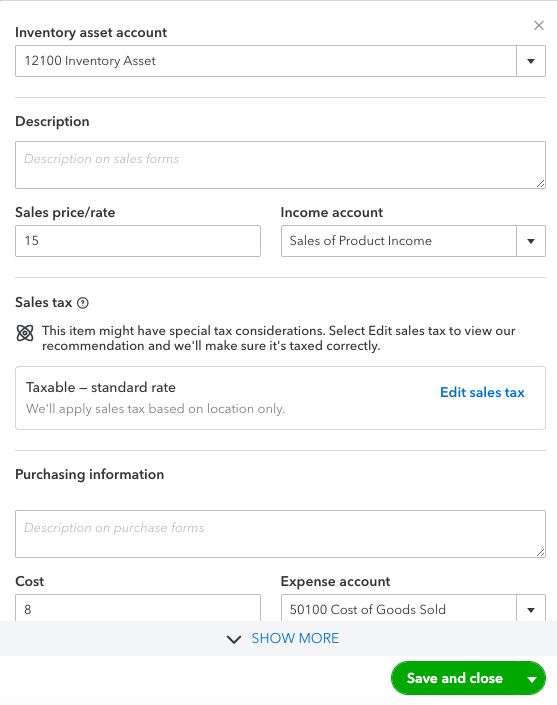 Inventory creation form in QuickBooks Online showing fields like inventory asset account and sales price/rate.