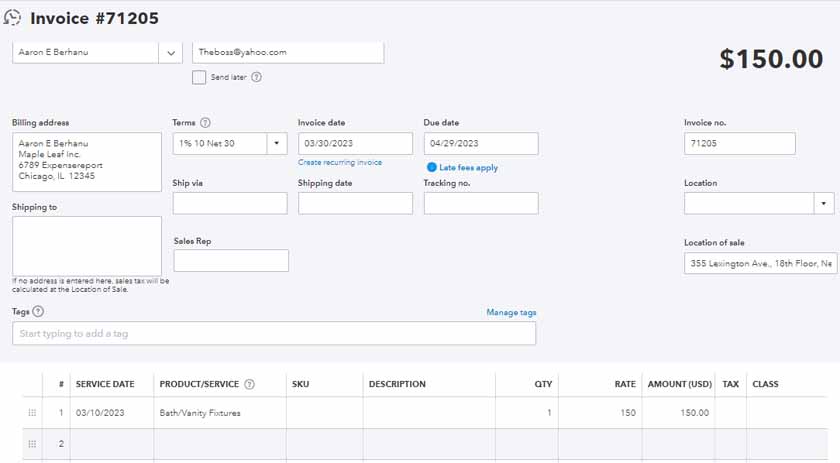 Invoice creation form in QuickBooks, showing fields like customer name, billing address, and terms.