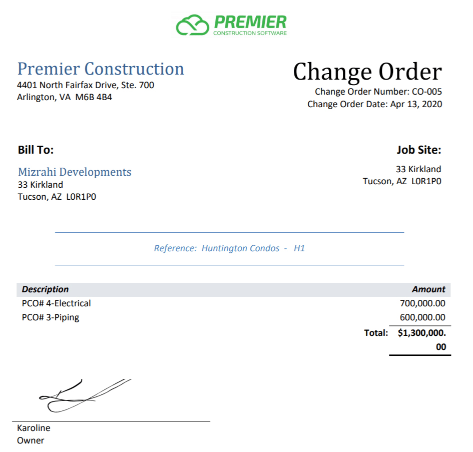 Sample change order form in Premier with details like client name and change description.