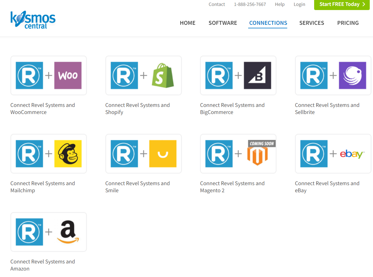 Kosmos Central dashboard displaying Revel eCommerce integration options.