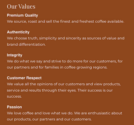 Longbottom Coffee's core values taken from their website