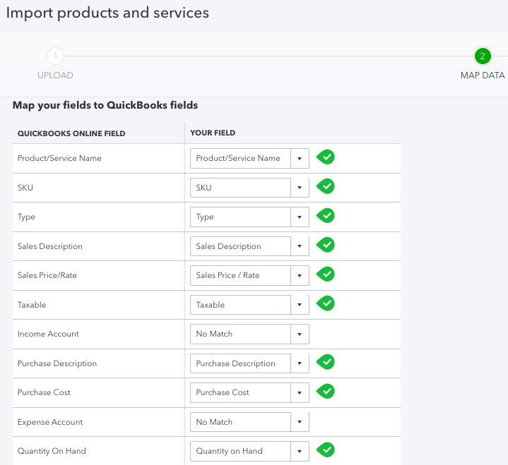 Screen where you can map fields when importing products and services into QuickBooks