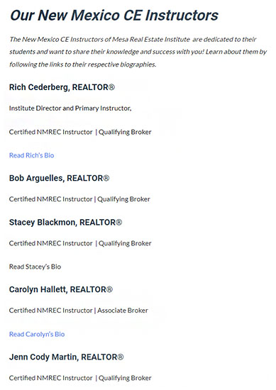 Screenshot of Mesa Real Estate Institute’s CE instructors