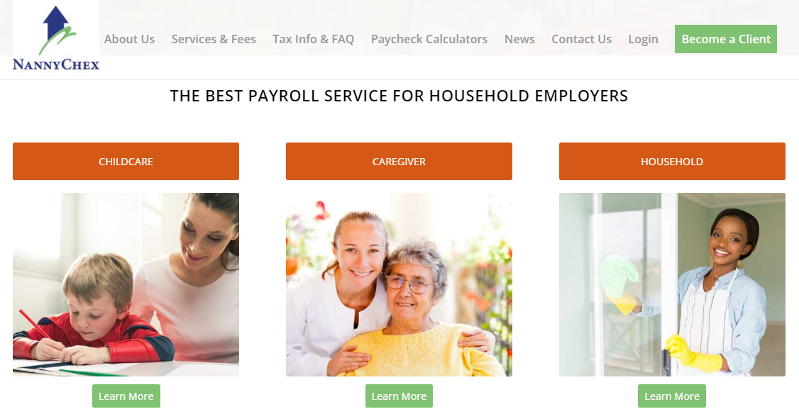 A screenshot showing the types of household employees covered by NannyChex's services.