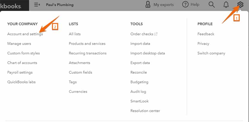 Screen showing how to navigate to Account and settings in QuickBooks Online.