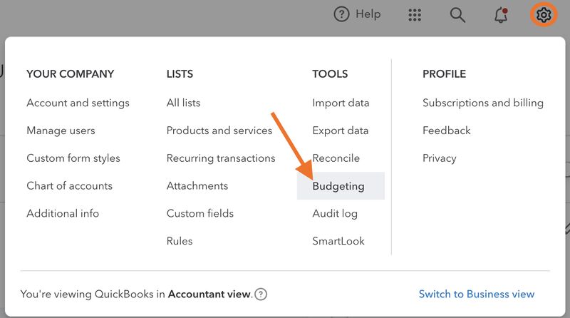 Screen showing how to access the budgeting feature in QuickBooks Online.