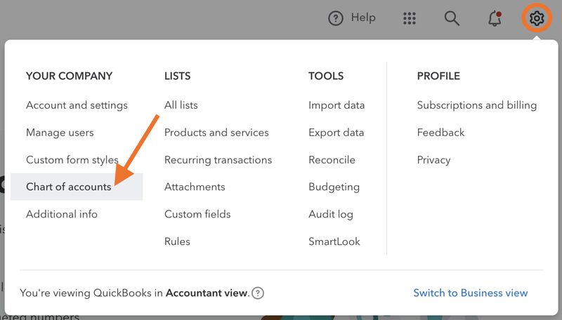 Screen showing how to navigate to the chart of accounts in QuickBooks Online