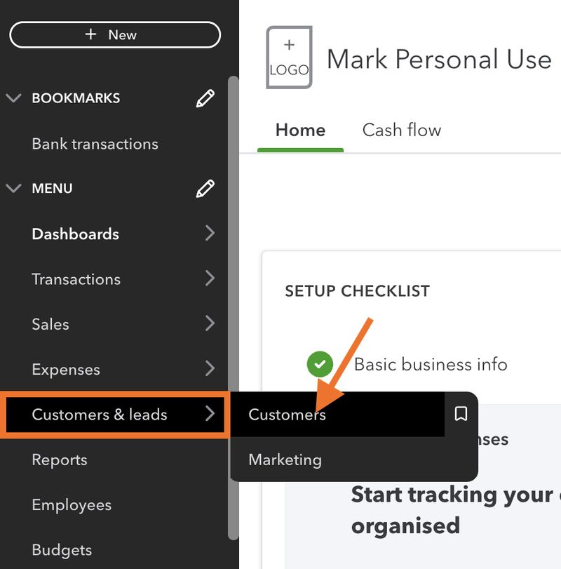 Screen how to navigate to the Customers tab in QuickBooks Online.