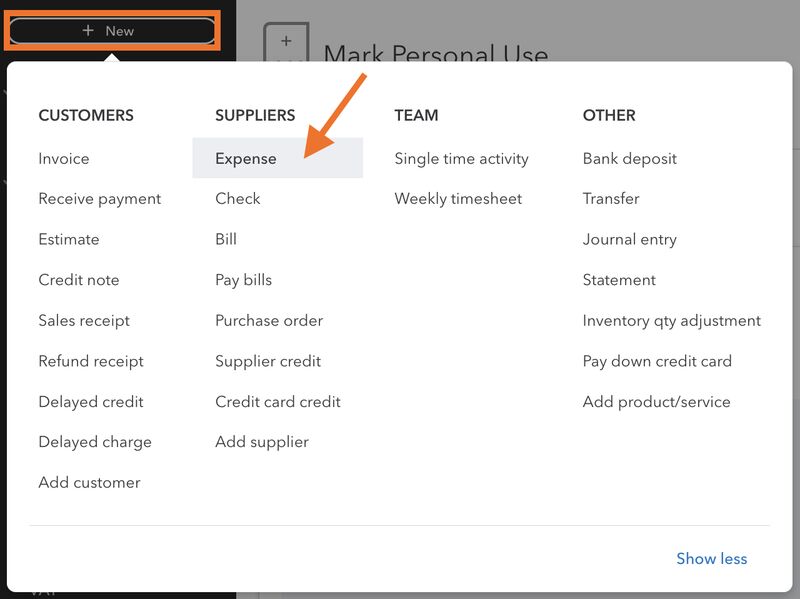 Screen showing how to navigate to "Expense" in QuickBooks Online.