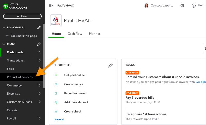 Screen showing how to navigate to the Products & services page in QuickBooks Online