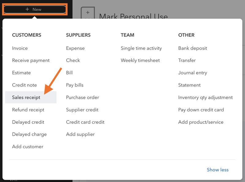 Screen showing how to navigate to "Sales receipt" in QuickBooks Online.